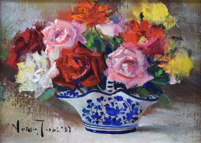 青木今陽 絵画 油絵 肉筆油絵 静物画 赤い薔薇 F6 青木今陽 絵画 油絵