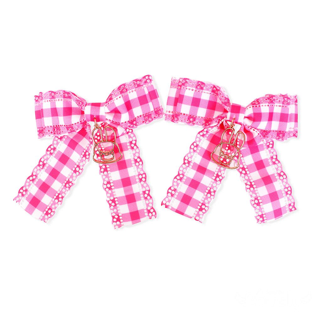 ギンガムチェックリボンクリップ(濃ピンク&うさぎ) - ゆめかわいい