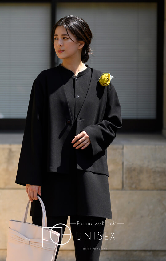 セオリー ノーカラー ホックレス パンツスーツ ブラック Mサイズ ウエストゴム Formaless Black®(フォーマレス ブラック®)】< 自宅で洗える> ノー