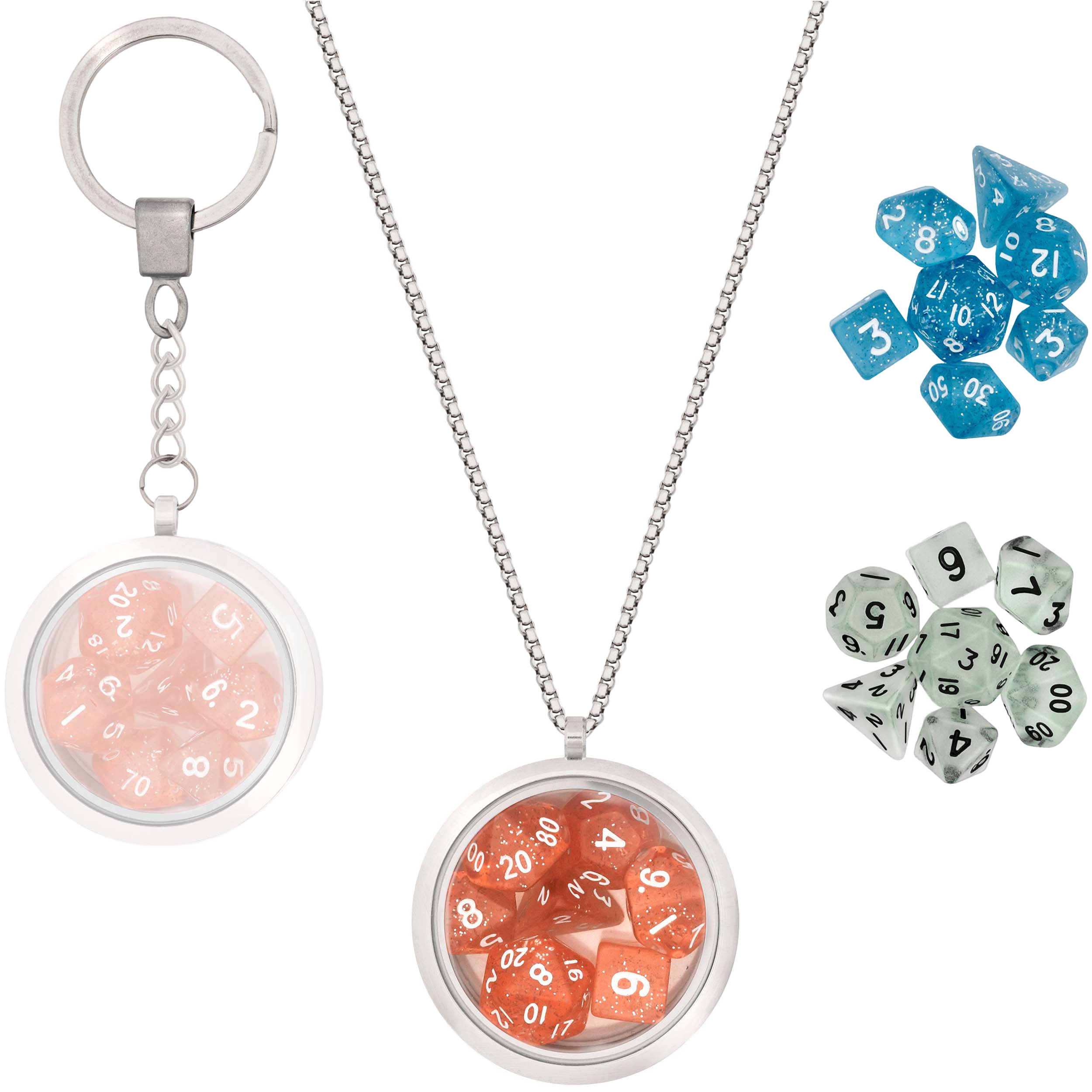 Dice Locket w Necklace & Keychain + 3 Dnd Mini Dice Sets | Fantasy