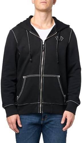 True Religion Men's Worn Applique Big T Zip Hoodie, Jet Black