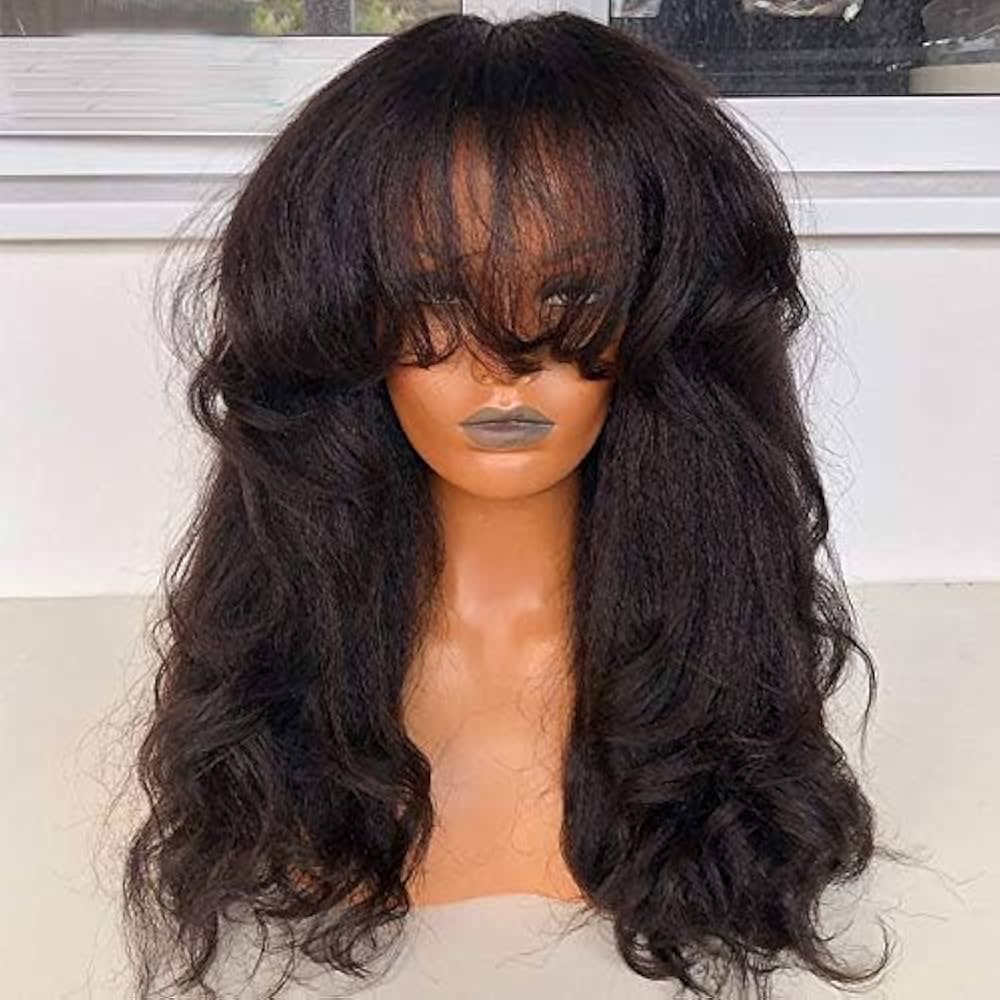 Amazon.com : 200% Yaki Wavy Human Hair Wigs with Bangs Full