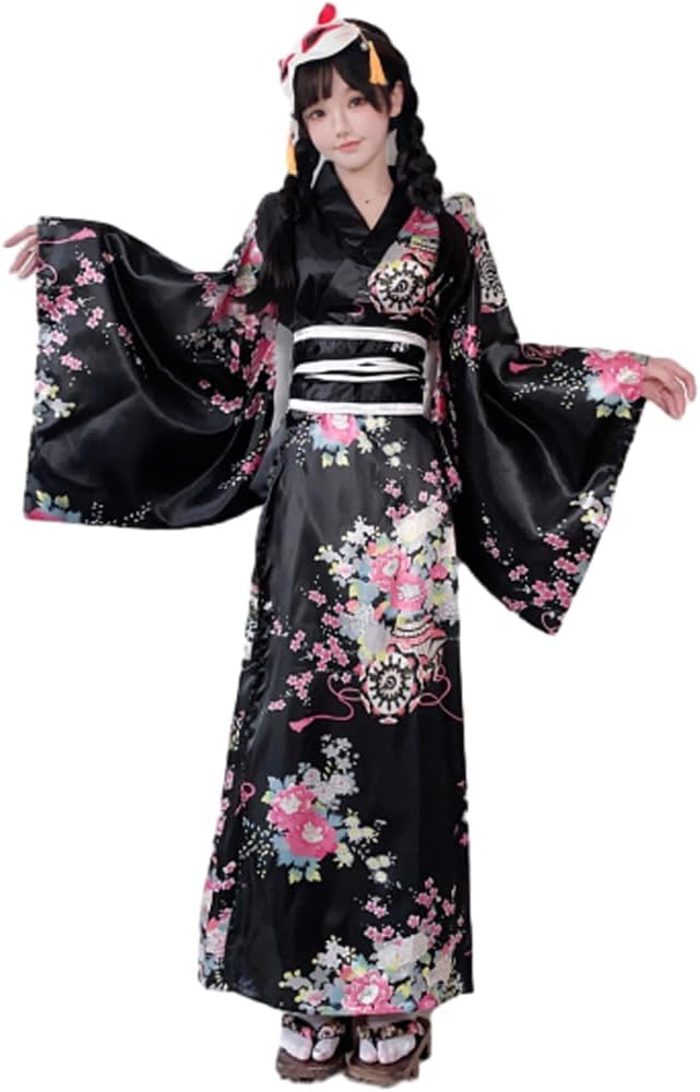Amazon.co.jp: [スフォン] 花魁 コスプレ ロング 黒 仮装 和服 着物