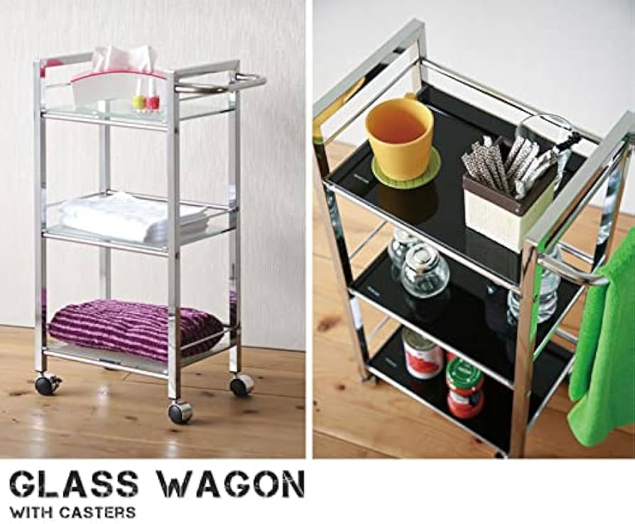 Amazon | ガラスワゴン スチール×ガラス キャスター付きワゴン 幅47.5