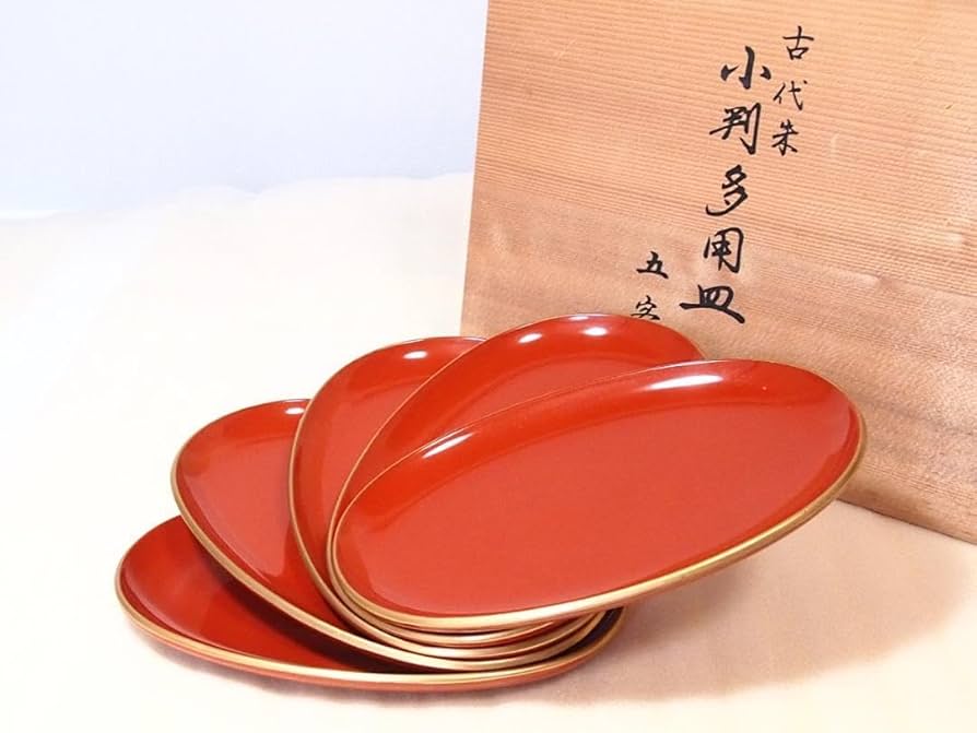 Amazon | うるし工芸米永 古代朱 小判多用皿 5客 銘々皿菓子皿 大丸