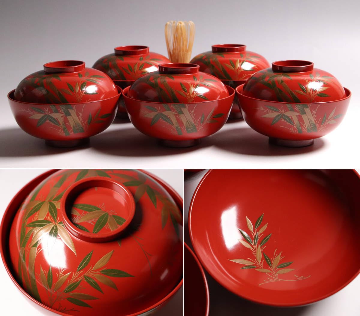 MB35】輪島塗 宝尽くし金蒔絵 朱塗椀 二客 小槌 軍配 霊芝 木製漆器