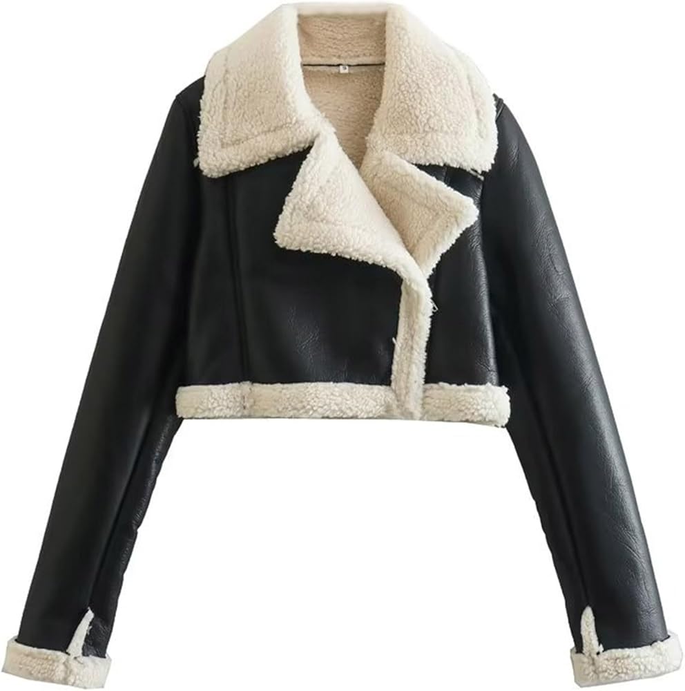 Cropped Faux Fur Leather Jacket Women Winter Lapel Zipper Moto