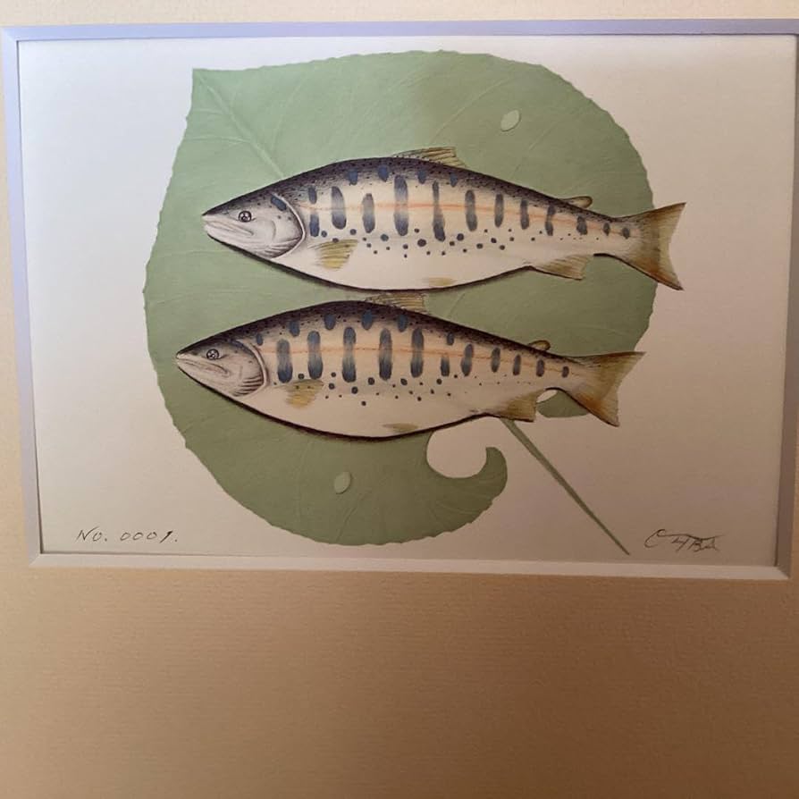 Amazon.co.jp: 大場雅文作 山女魚アート画 作者サイン 作品 額装裏有り