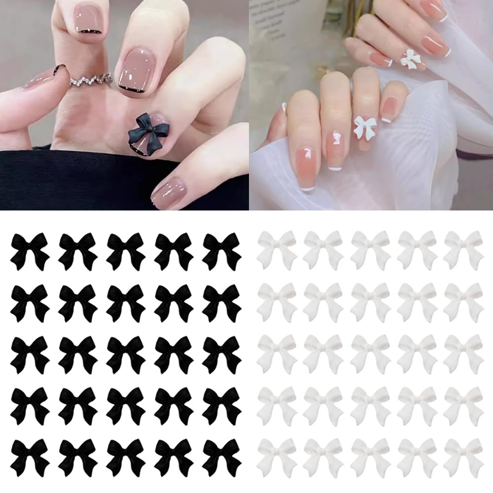 Amazon.co.jp: ネイルパーツ リボン 50個入り 黒25 白25 3D 立体
