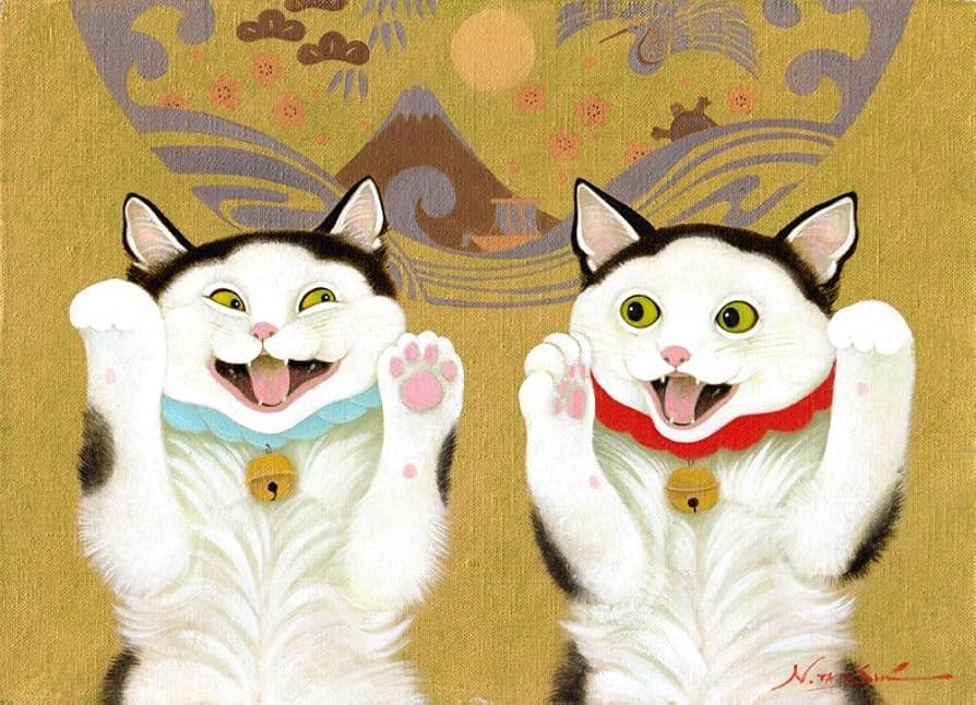 Amazon.co.jp: 高橋伸子 「まねきねこまねこ」 猫 絵画 油絵 額付き