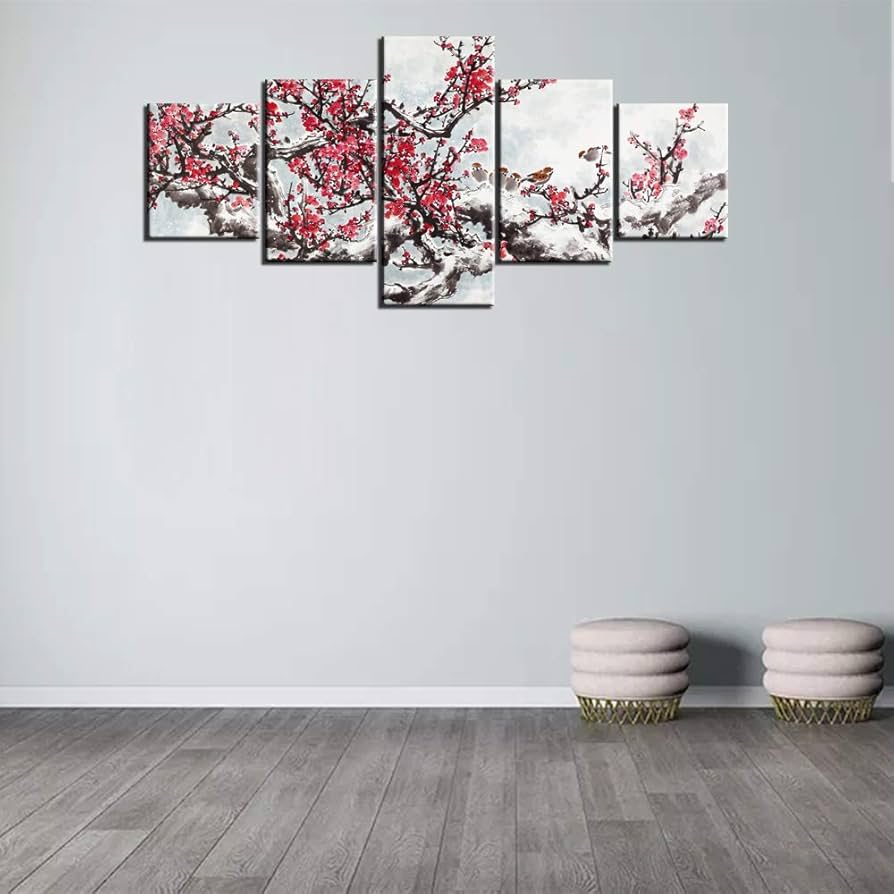 Amazon.co.jp: 梅の花 ウォールアート 伝統的な中国の水墨画 5ピース