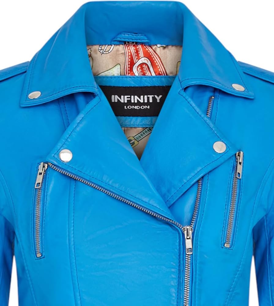 Ladies Retro Blue 100% Nappa Leather Biker Jacket at Amazon