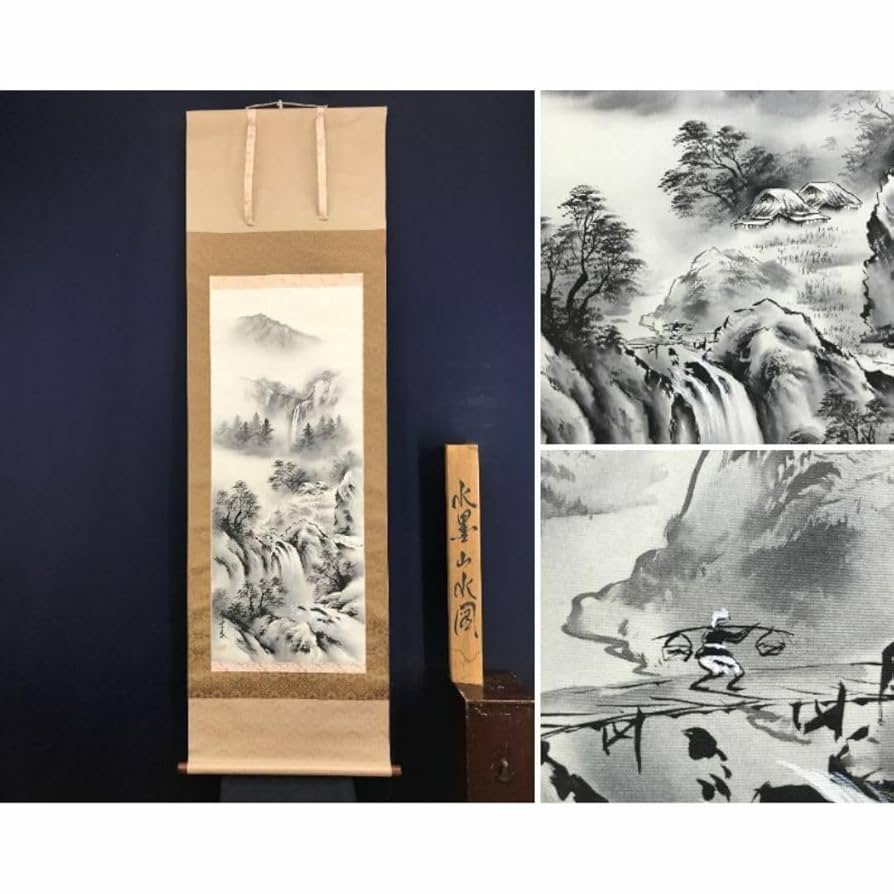 真作】掛軸 詩賛山水小景図 文人趣の墨彩画 静謐な風景と賛句 合箱入