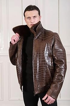Vintage Bomber brown Men's Crocodile Embossed Leather Jacket with