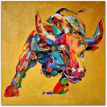 Amazon.co.jp: 緑のガラスの牛牛の牛の壁の芸術カラフルな動物の油絵は