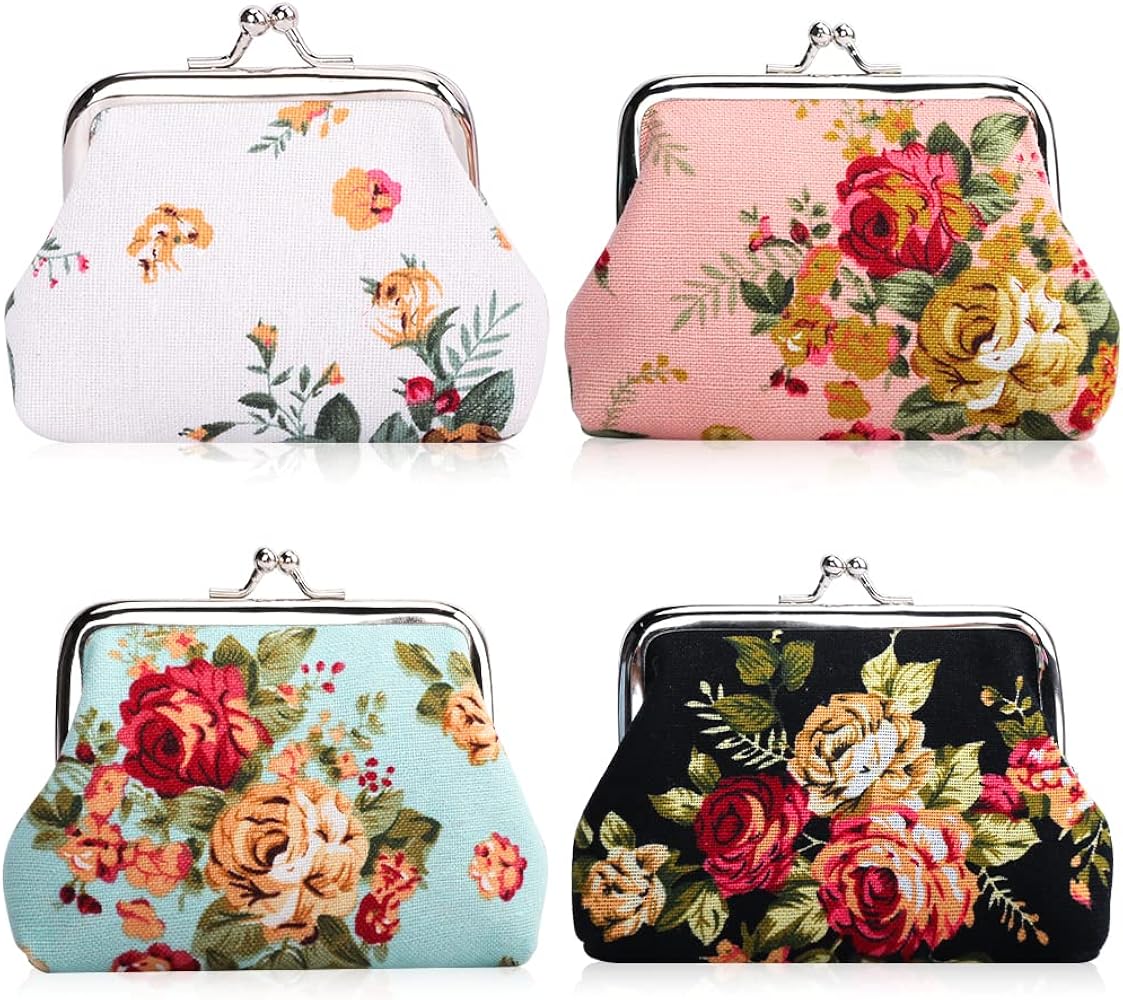 Oyachic 4 Packs Floral Coin Purse,Rose Kiss Lock Change Purse for
