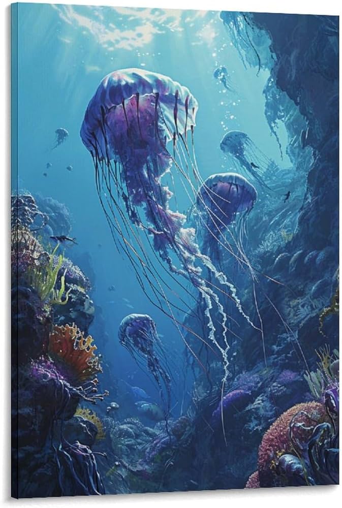 Amazon.co.jp: 絵画 海底のサンゴの中のクラゲ アートパネル ポスター