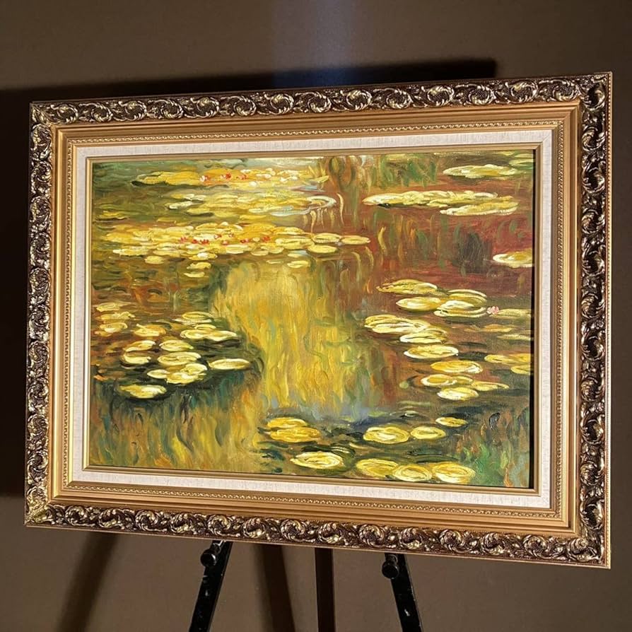 Amazon.co.jp: 秀作 手書き油絵 モネ 睡蓮の池 黄金色(大)額付 絵画