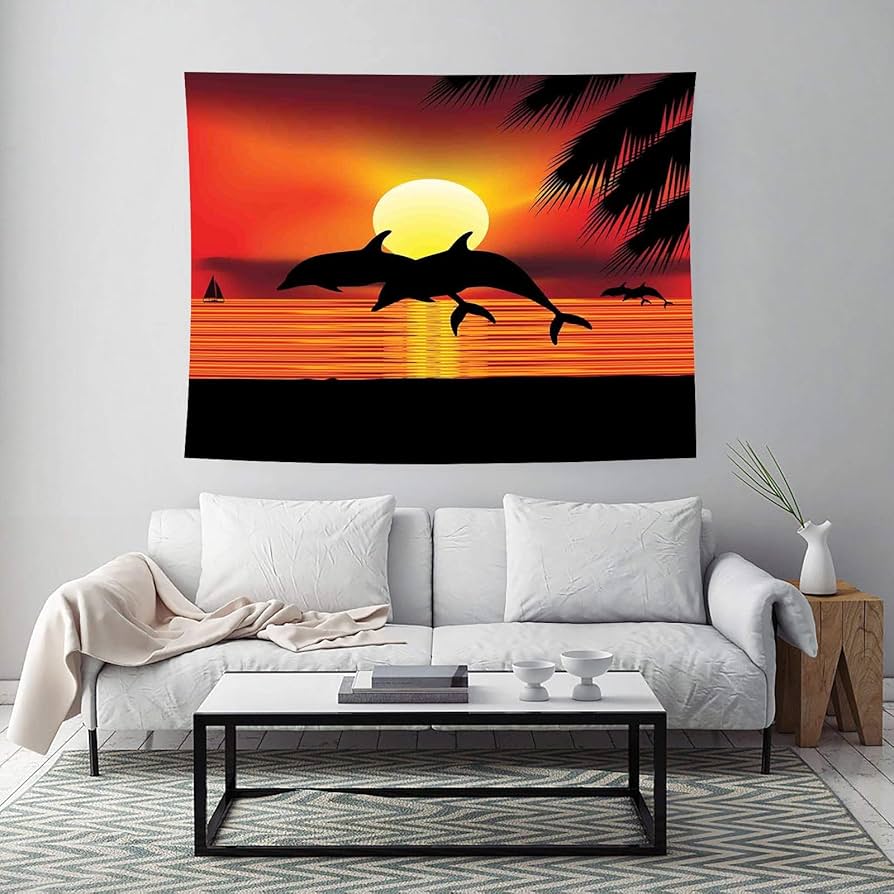 Amazon.co.jp: 鯨タペストリー ヤシの木と夕日の海で2頭のイルカは