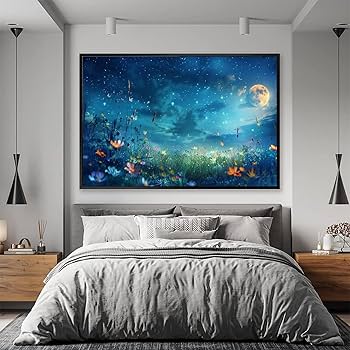 Amazon.co.jp: 絵画 美しい星空と月と夜の花畑 アートパネル ポスター