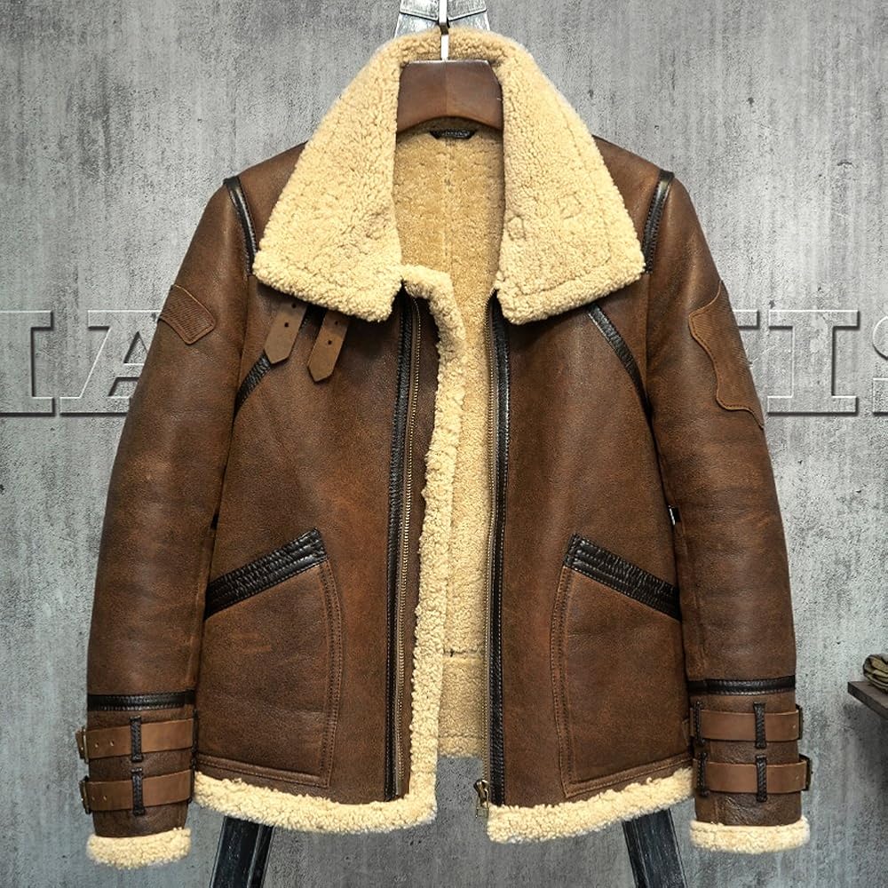 Denny&Dora Men's Shearling Jacket B3 Flight Jacket Fur Leather