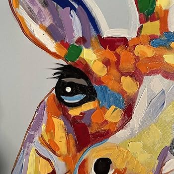 手書き油絵 七色キリン 額付 肉筆絵画 インテリア 油彩画 手書き油絵