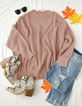 ZESICA Women's Fall 2025 Casual Long Sleeve Crew Neck Side Slit