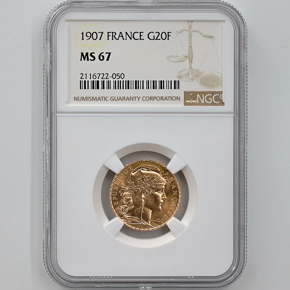 委託販売 1907 フランス マリアンヌ 20フラン 金貨 NGC MS 67 準最高
