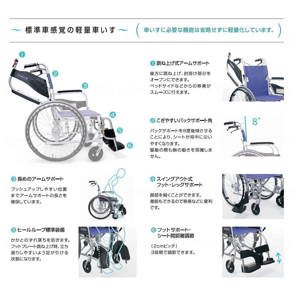 介助用車椅子ふわりすプラス KFP16-40SB 肘跳上げ・スイングアウト