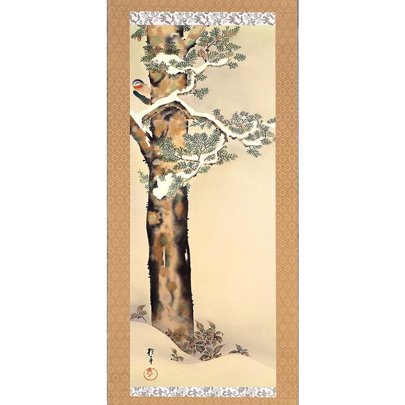 酒井抱一 「十二か月花鳥図」 十二月 「檜に啄木図」 複製掛軸 : 酒井