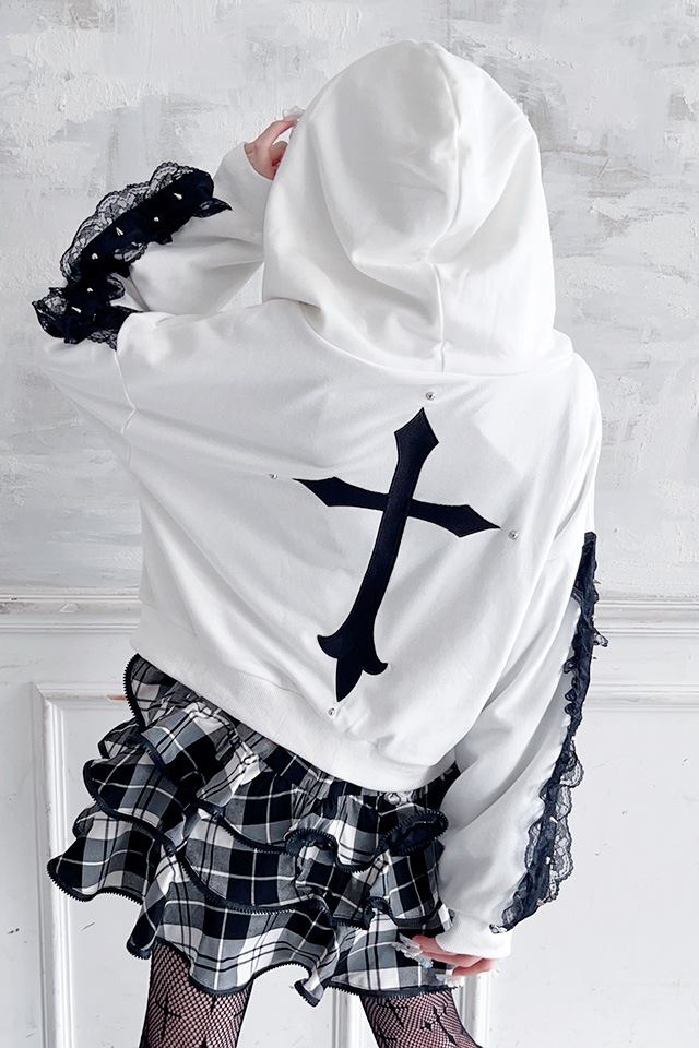 MA*RS】スタッズ付きクロス刺繍ショートパーカー - ホワイト size-F