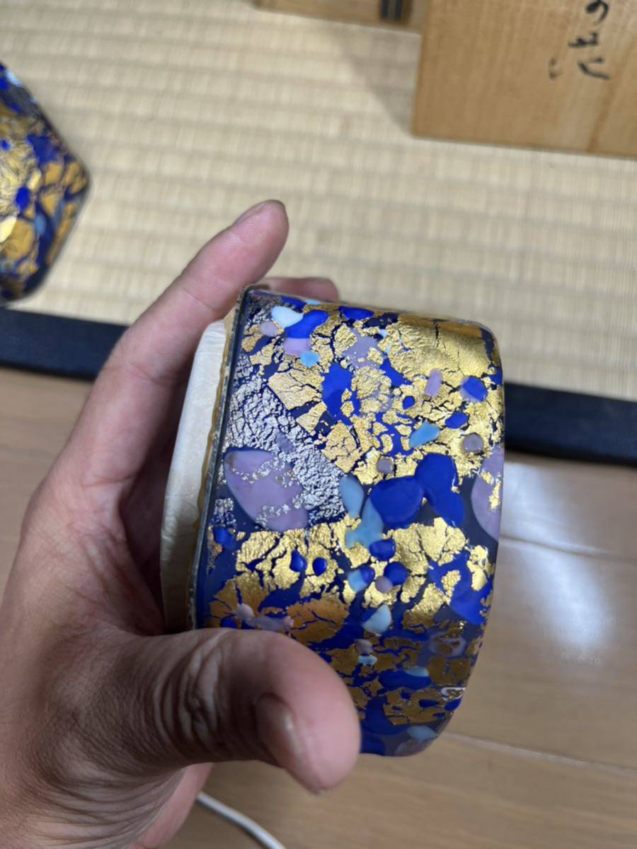 人間国宝 文化勲章 藤田喬平 「手吹 飾筥 湖上の花」 銀覆輪 共箱 栞付