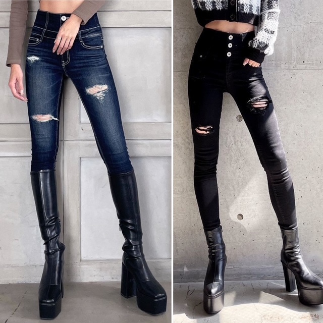 GYDA ハイウエストバッククロスダメージスキニーデニムパンツ 再入荷