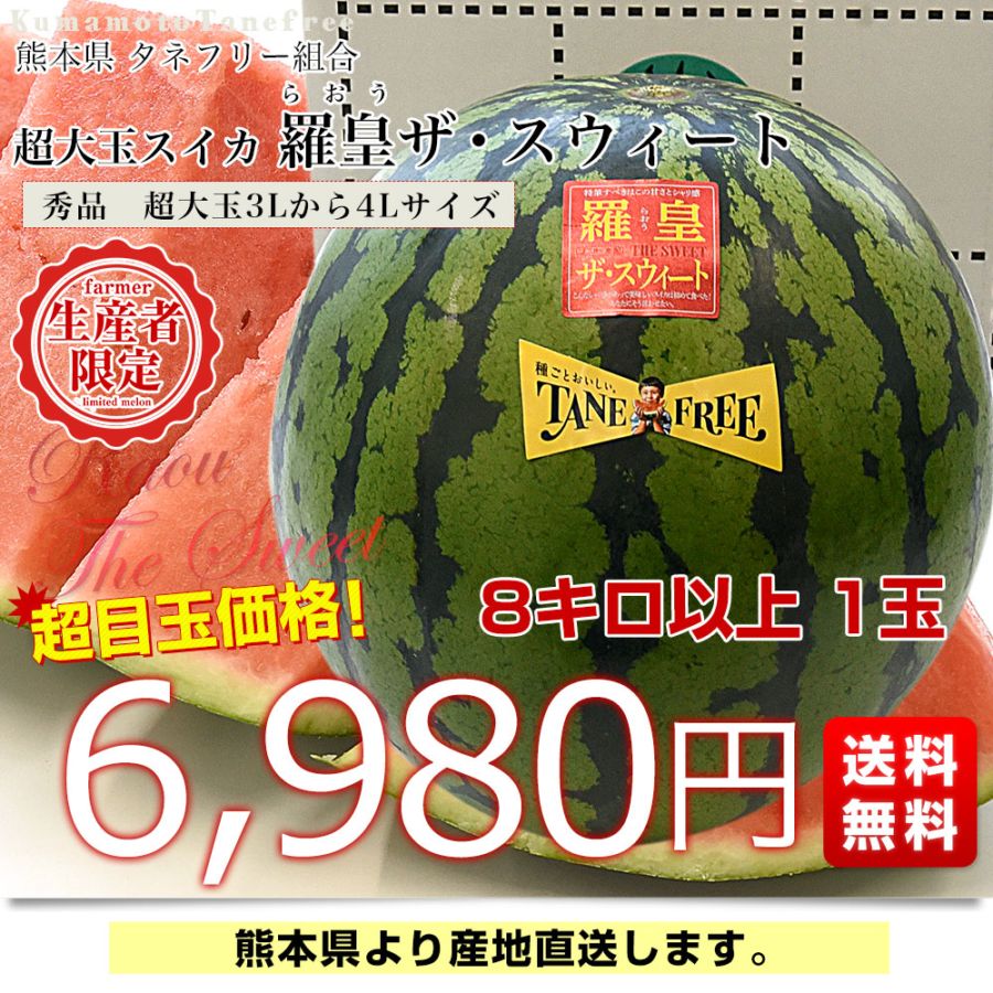 熊本県から産地直送 タネフリー組合 超大玉スイカ「羅皇ザ・スウィート