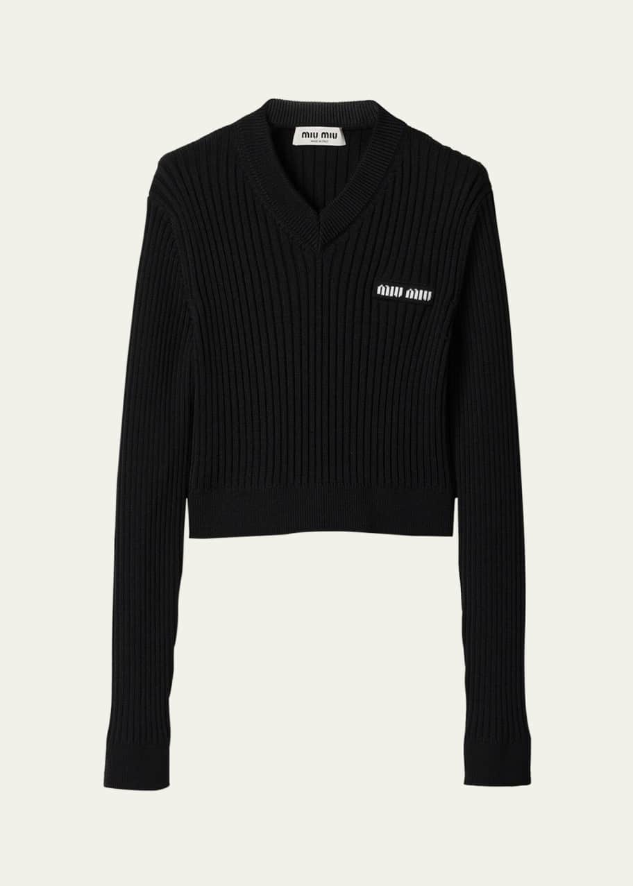 Miu Miu V-Neck Ribbed Wool Cropped Sweater - Bergdorf Goodman