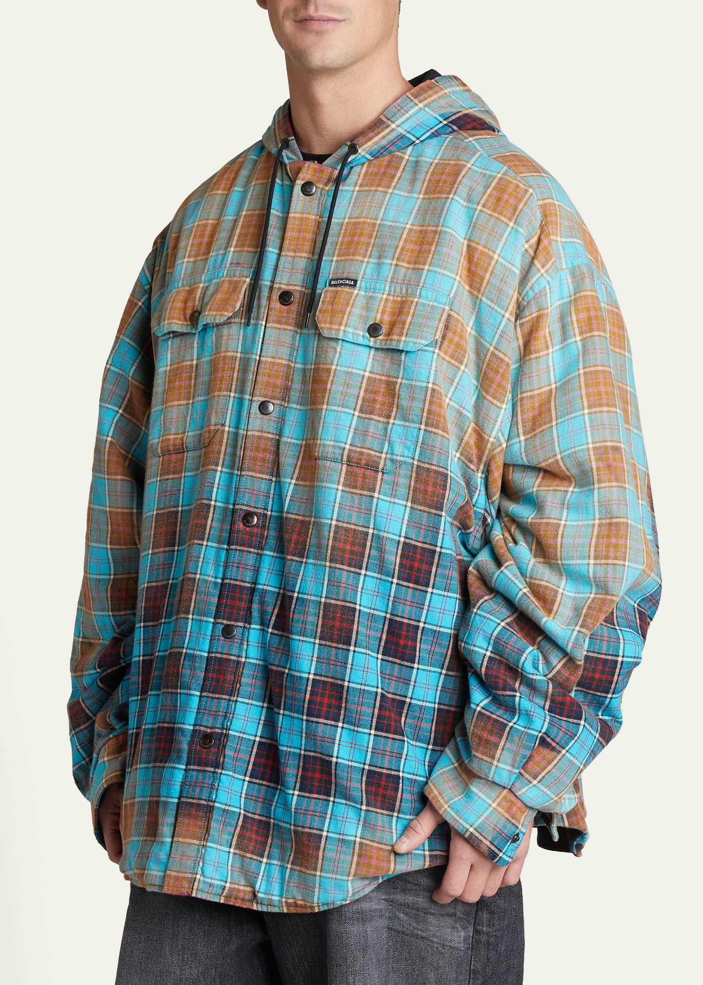 Balenciaga Men's Bleached Plaid Flannel Hooded Shirt Jacket