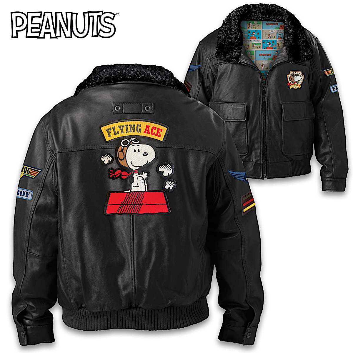 PEANUTS Leather Aviator Jacket With A Sherpa Collar And