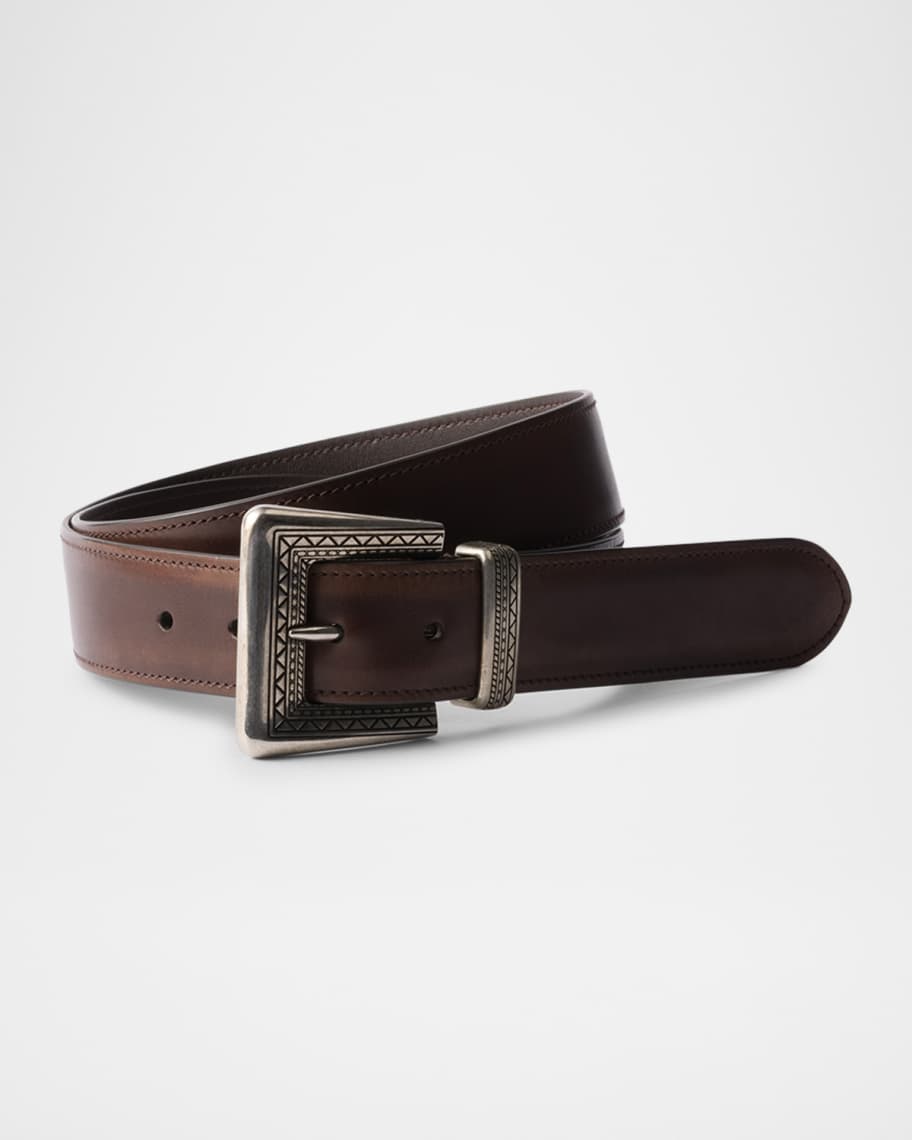 Prada Men's Antiqued Leather Western Belt | Neiman Marcus