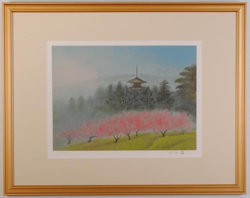 鈴木竹柏がリトグラフの版画で制作したインテリアの和の絵画「桃季の里