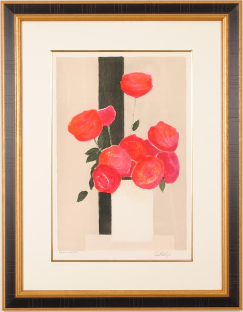 ベルナール・カトランがリトグラフの版画で制作した花の絵画「黒い帯の