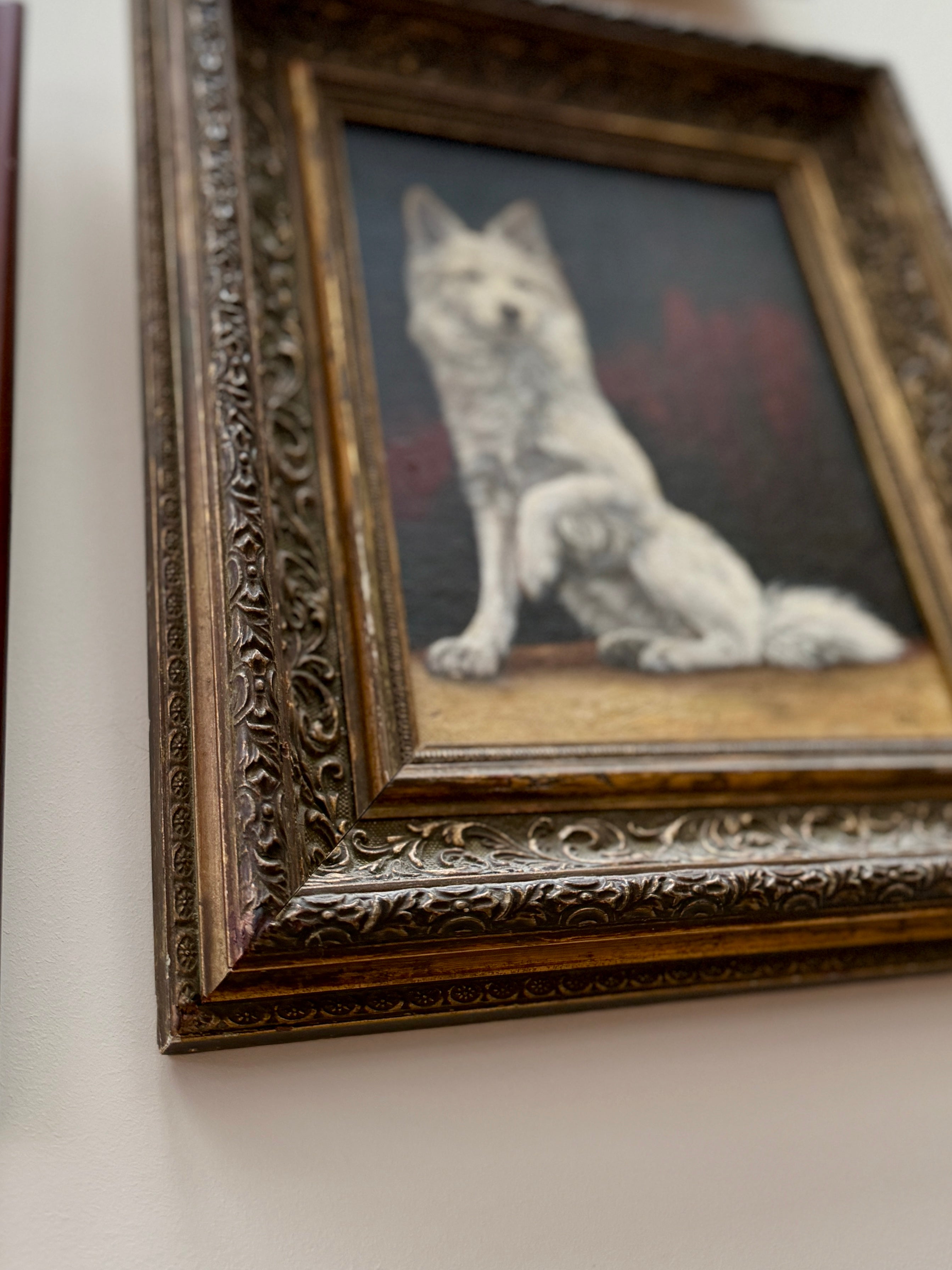 アンティーク油彩画 白い犬 | G.B. Fox サイン | 華やかな装飾額装