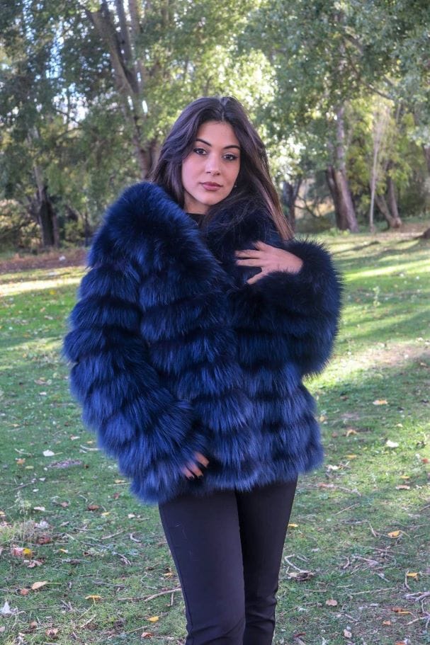 Navy Blue Fox Fur Coat Orizontical Stripes- Kate Z. Coat - Nick