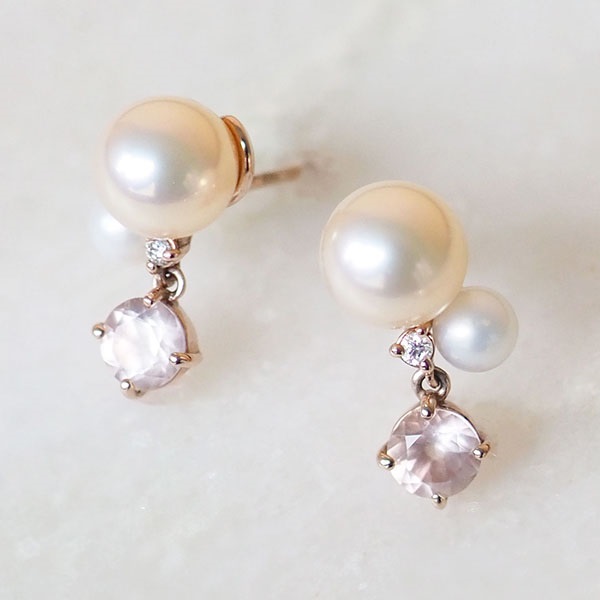 K10PGフレッシュウォーターパール/ローズクオーツ/ダイヤモンドピアス
