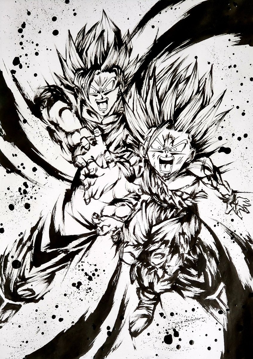 墨絵「親子かめはめ波」 #ドラゴンボール #ドッカンバトル #模写 #墨絵