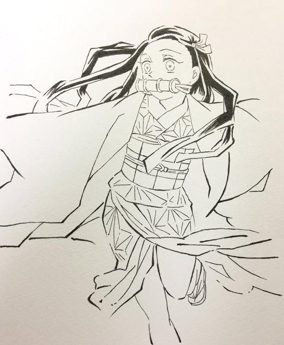 禰豆子ちゃんと、前回描いたイラストの線画です。 #鬼滅の刃イラスト #模写