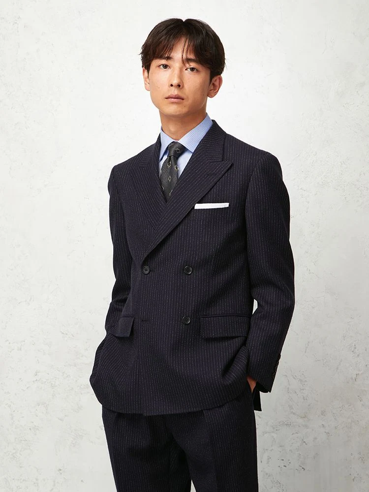 尾州産ウール】TRANS CONTINENTS ストライプ柄 ダブルスーツ ネイビー