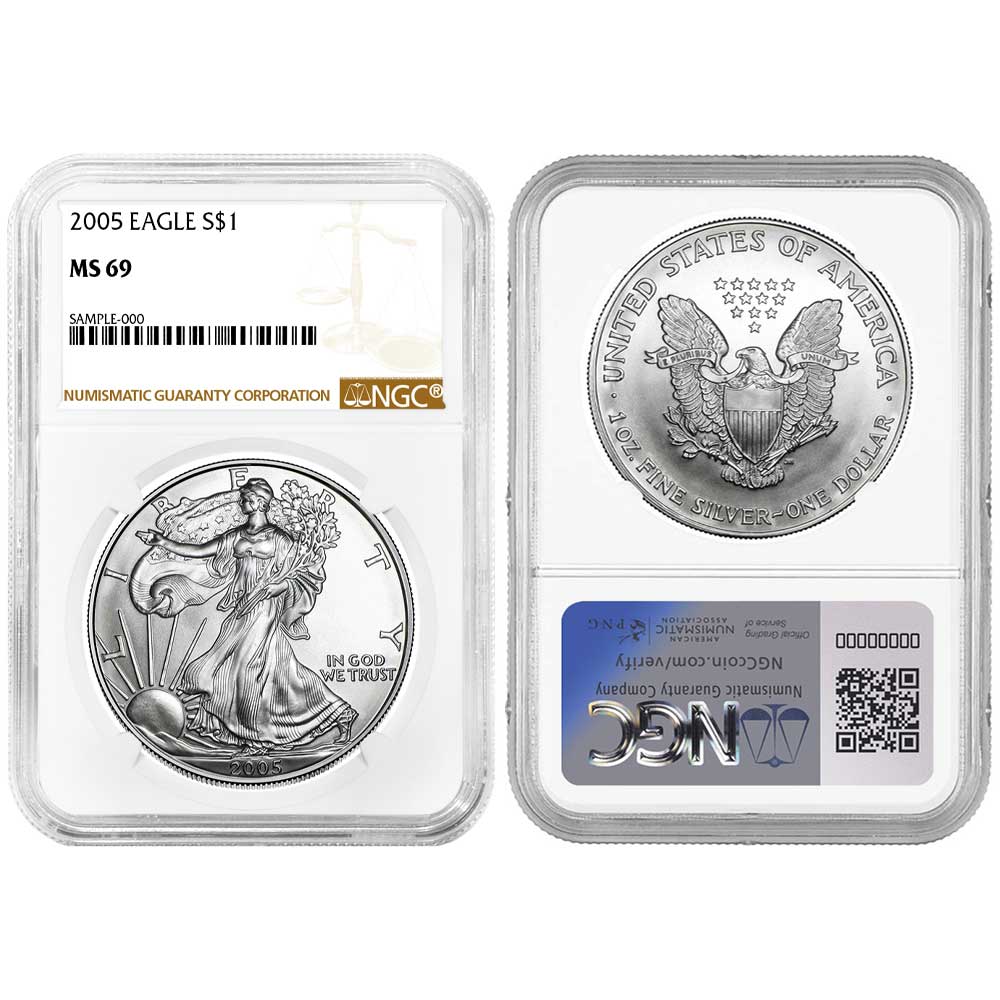 2005 $1 American Silver Eagle NGC MS69 Brown Label - Pinehurst Coins