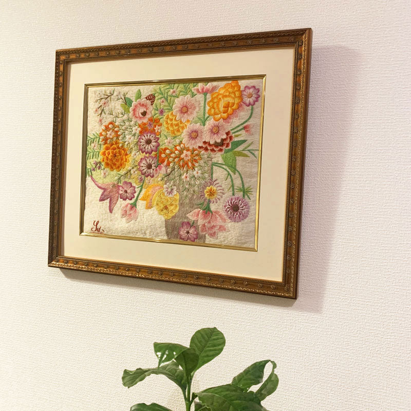 ベトナム シルク刺繍絵 Mr. クオック・スー作品 フラワー 額付 1402-8