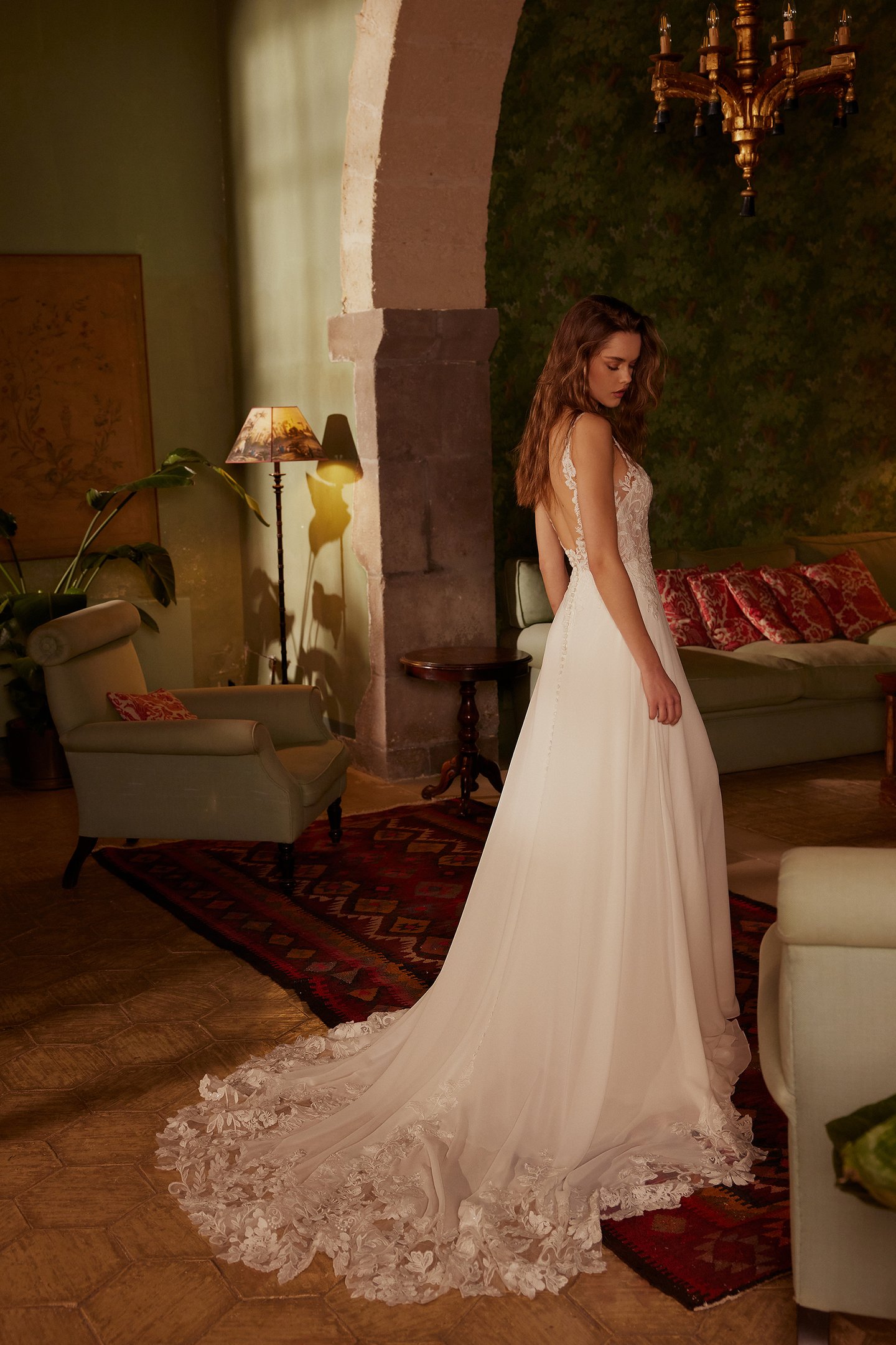 66240: Chiffon A-Line Dress with Plunging Illusion Sabrina