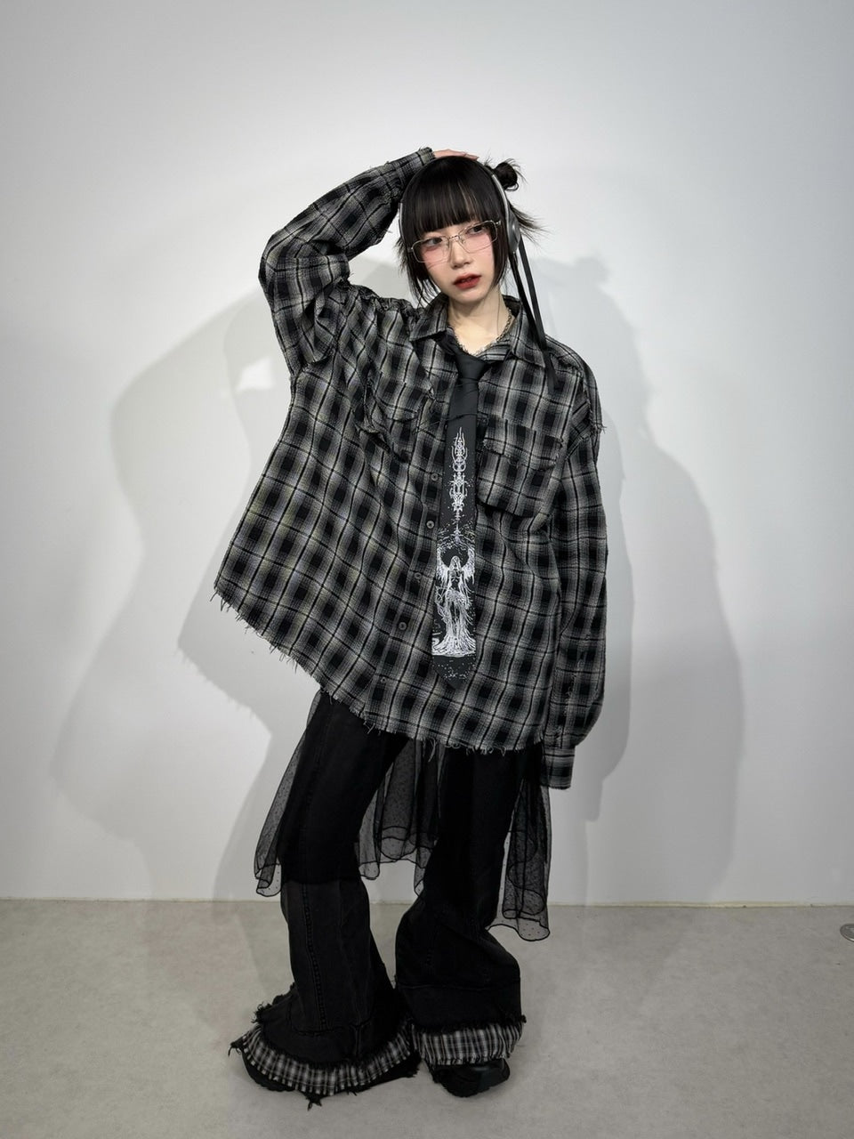 国際配送【Nerd out XU】check frill hem flare denim pants